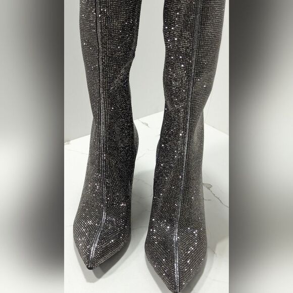 New INC Tall Sparke Knee High Boots Block Heel Pewter Crystal Sz 5 Taylor Swift - Picture 9 of 16
